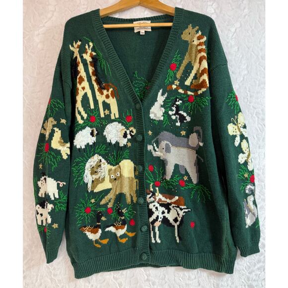VTG 90s Hand Embroidered Christmas Knit Cardigan Animals Arc Green Sweater XL** - Picture 1 of 14